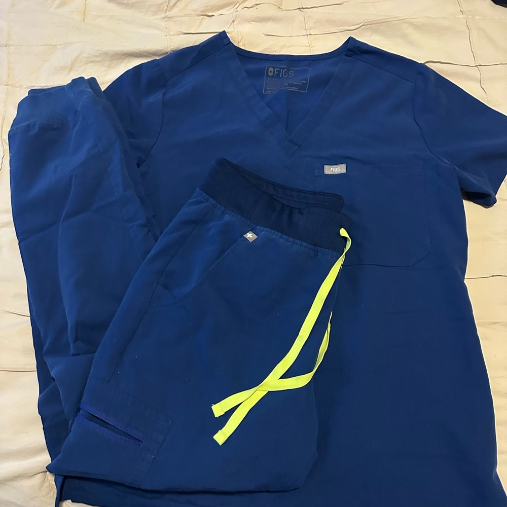 Figs Royal Blue Scrub Set with Neon Yellow Accents